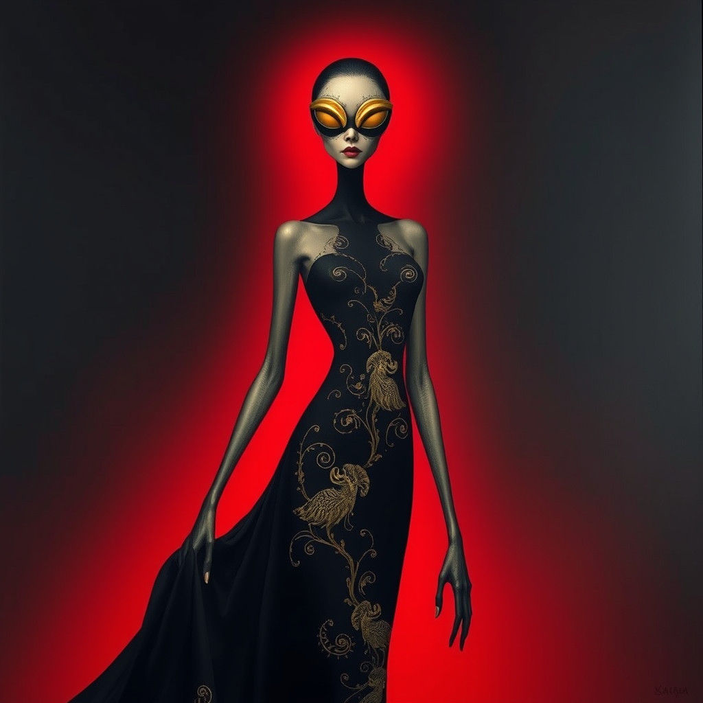 Surreal Biomechanical Figure in Red and Gold