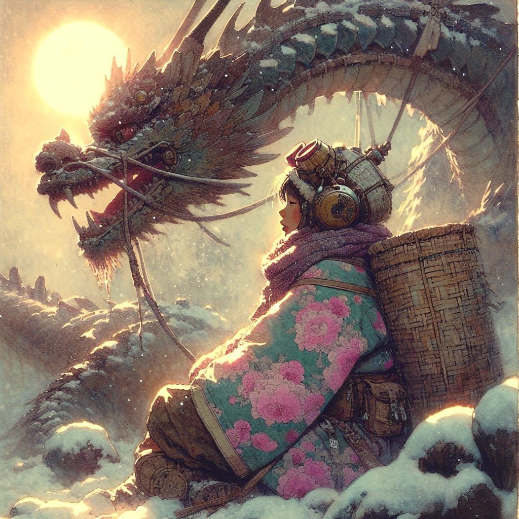 Serene Steampunk Encounter Under Golden Hour Light