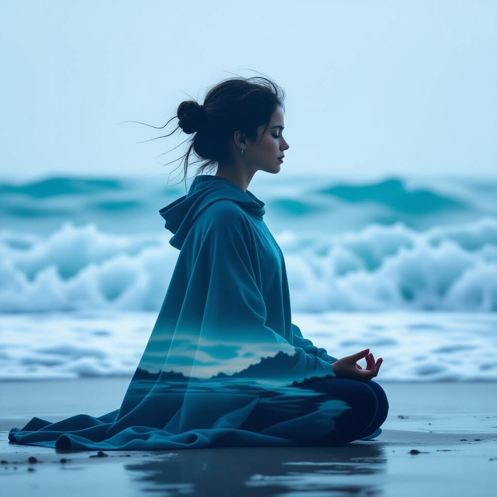 Double Exposure Silhouette: Girl in Meditative Pose with Bil...