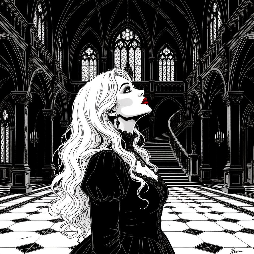 Gothic Mansion Hall Drawing of Mysterious Woman