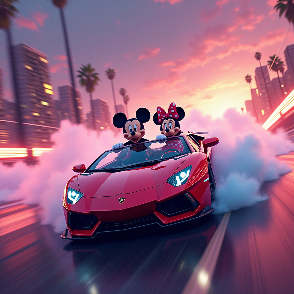 Minnie and Mickey in Lamborghini, Digital Matte Painting