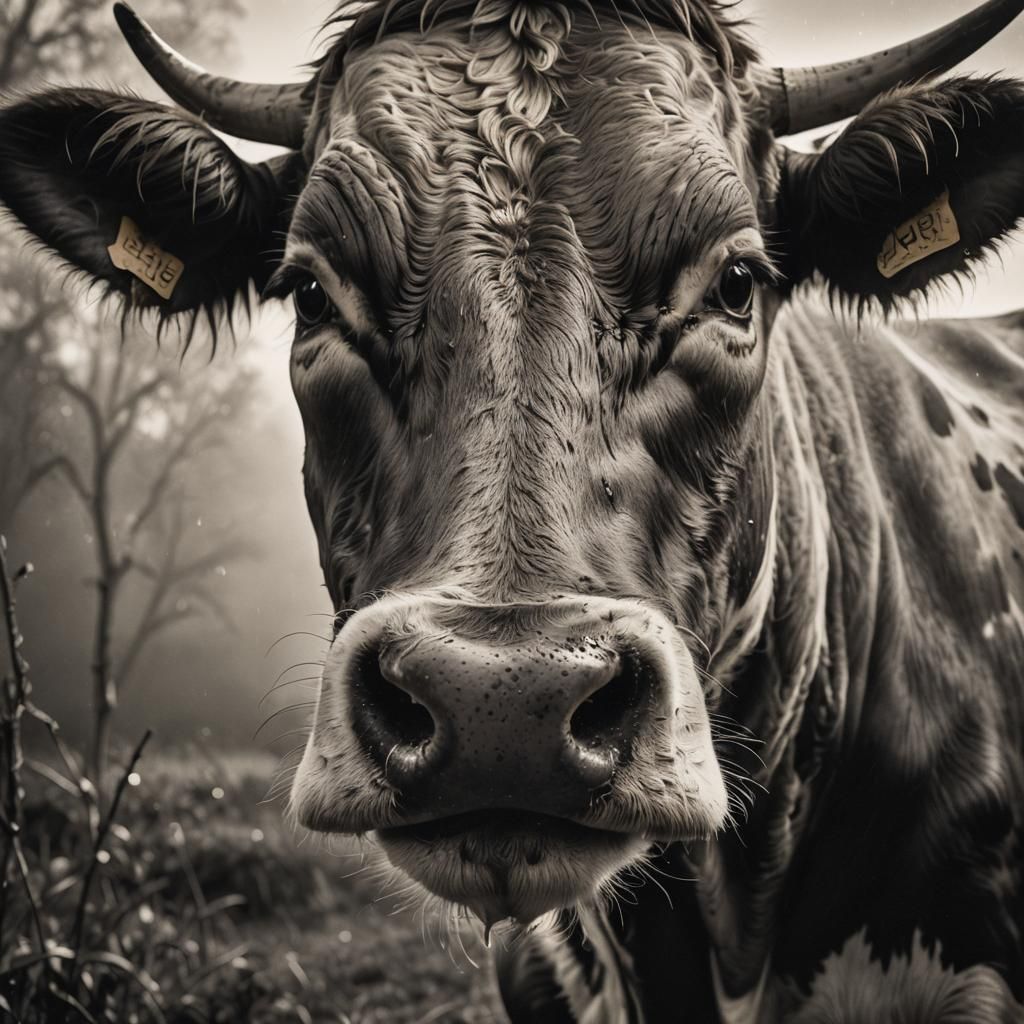 Cow Licking Camera in Dreamlike Black and White