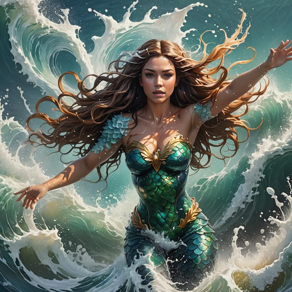 Hyperrealistic Mermaid Swimming in Crashing Waves