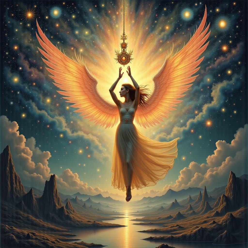 <lora:Color Magic:1.0> A celestial angel, wings outstretched and radiating a soft, golden light, descends from the heave...