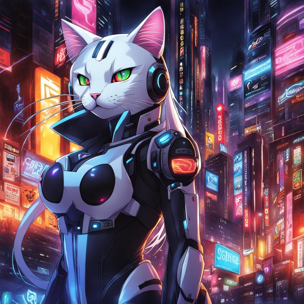 Cybernetic Cat in Anime Style