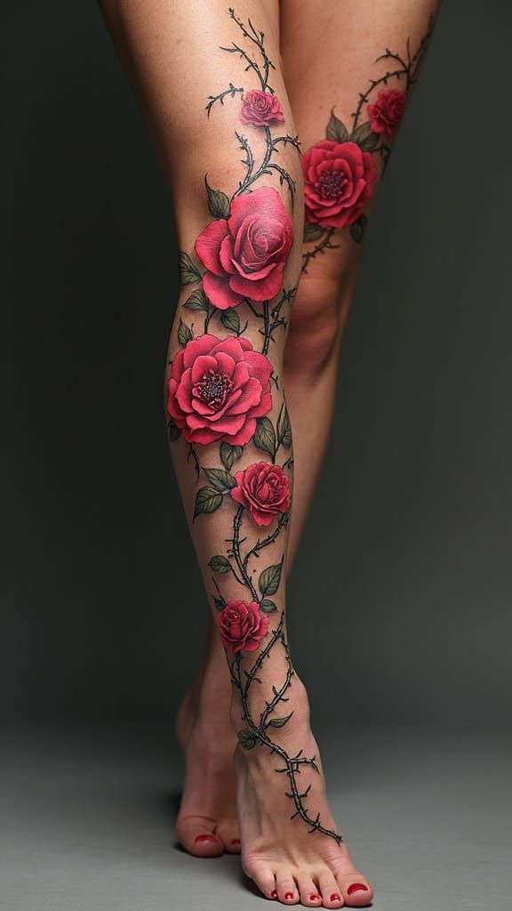 Intricate Tattoo of a Climbing Rose Bush in a Feminine Garte...