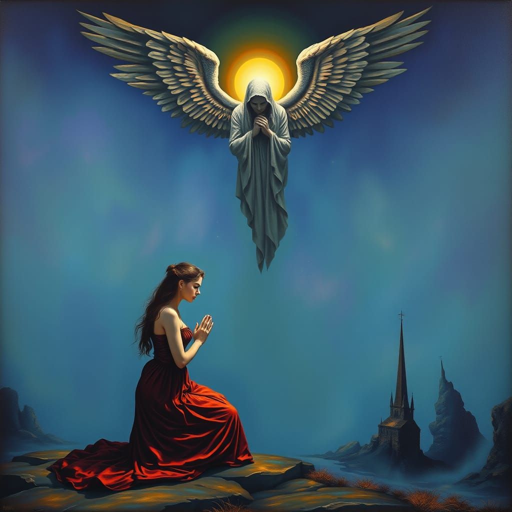 Guardian Angel Watching Over Praying Beauty: Surrealist Oil ...