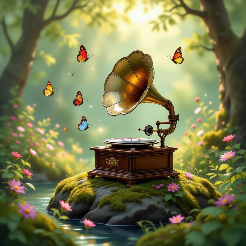 Magical Gramophone Blooms Flora in Sunlit Clearing