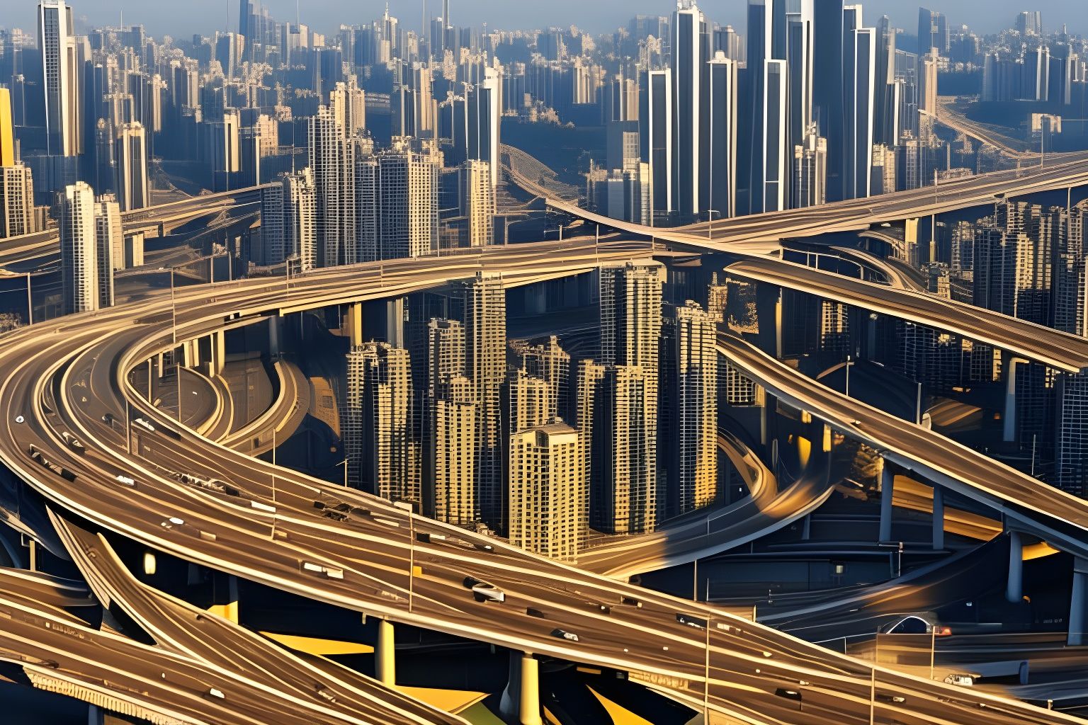 Detailed Cityscape with Golden Sunlight and Expressways