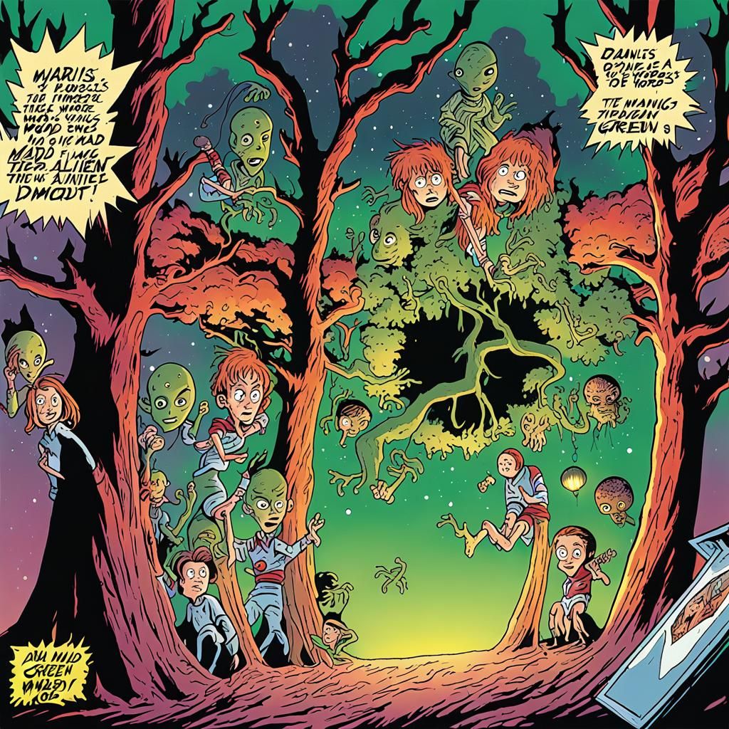 Surreal Tree of Interdimensional Doors in a Vibrant Green Sk...