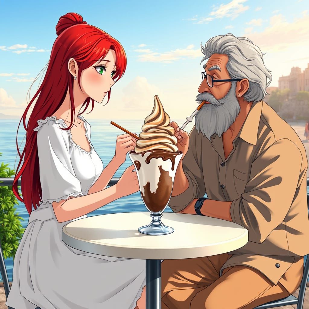 Anime Style: Couple Eating Italian Ice in Sicily