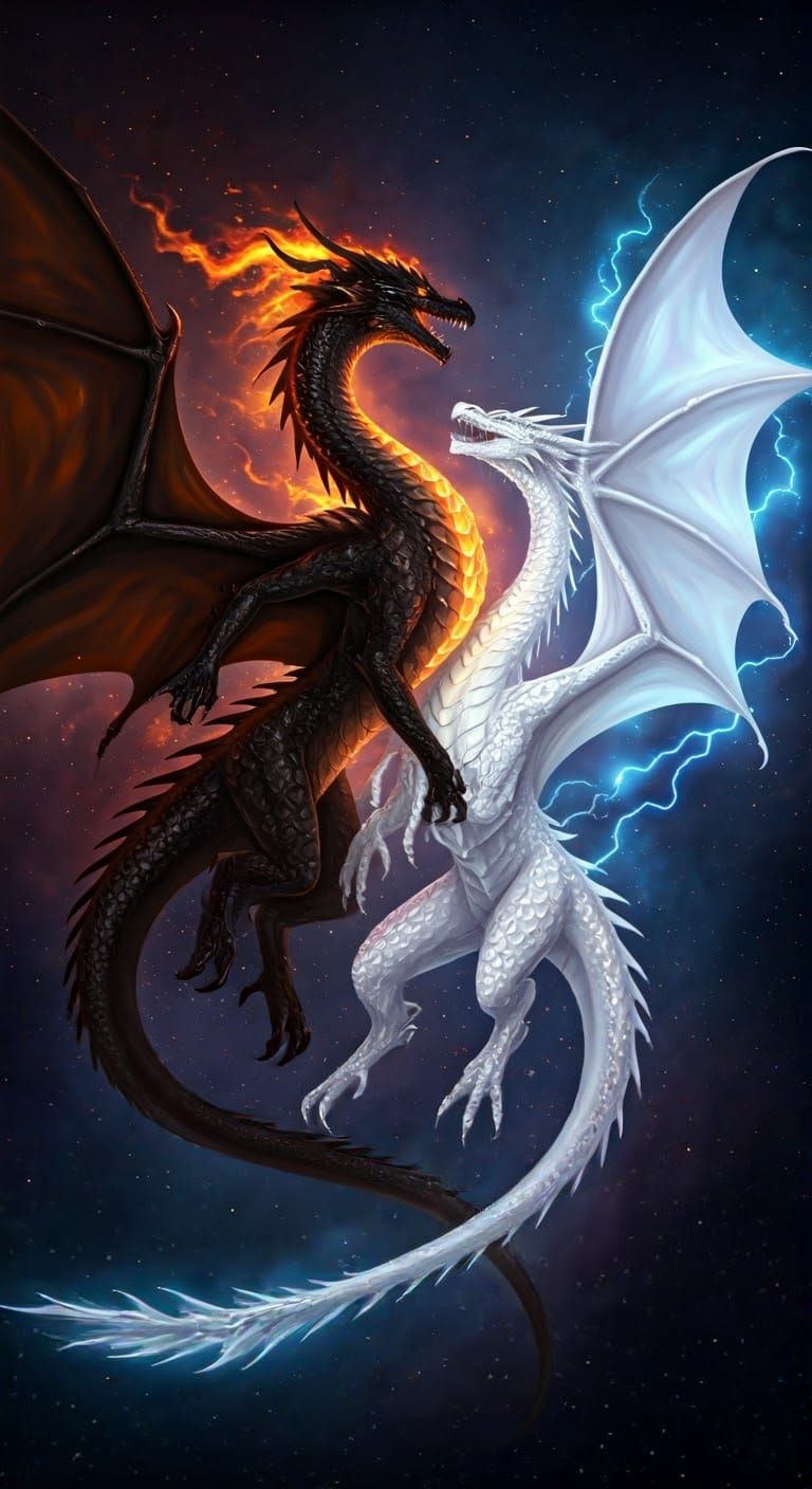 Epic Dragons of Fire and Lightning in Cosmic Flight