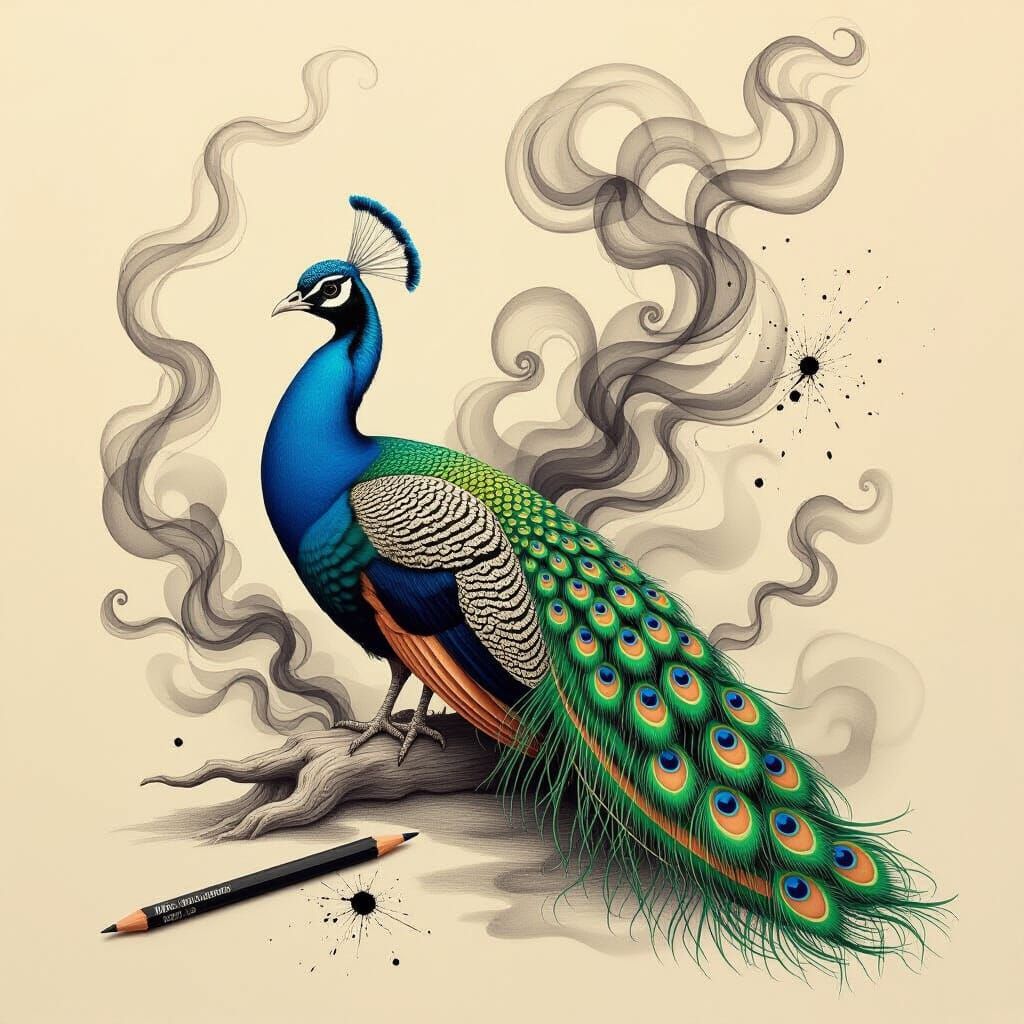Hyper-Realistic Peacock Drawing with Surreal Ink Splatter