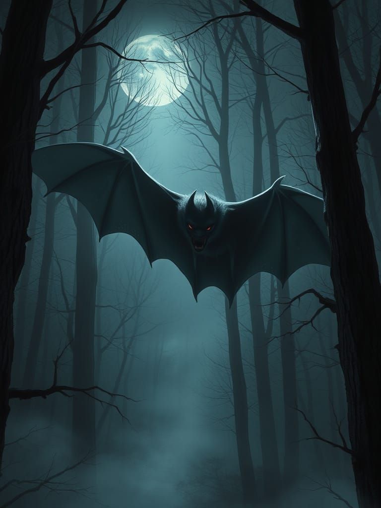 Gothic Vampire Bat Soars Through Dark Forest in Sinister Fli...