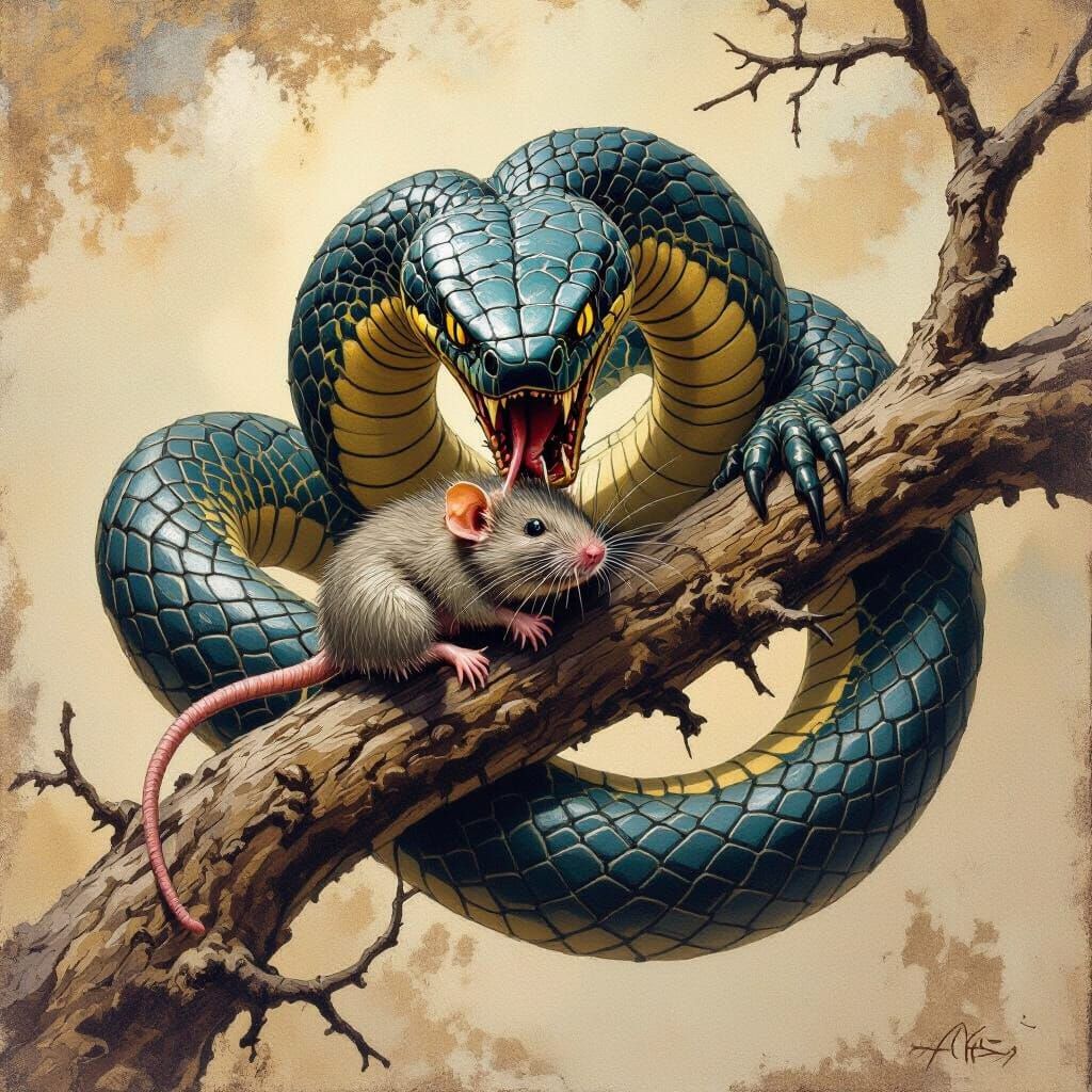 Venomous Snake Coiled With Rat in Jaws