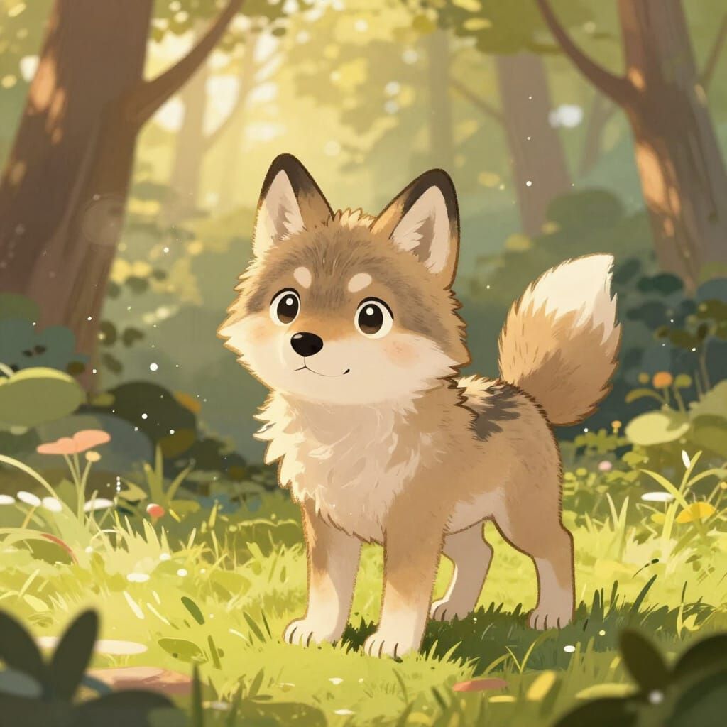 Cute Wolf Pup in Sunlit Forest Clearing