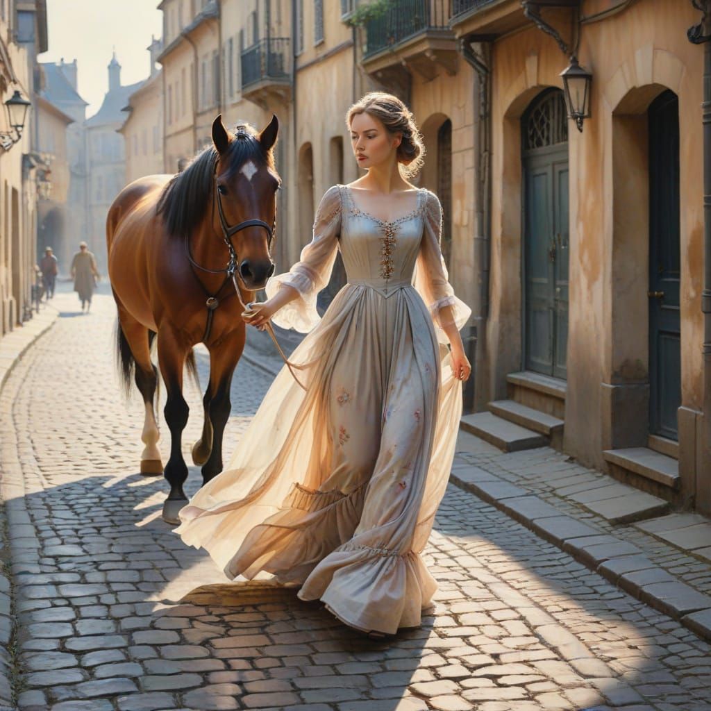 Woman Leading Horse Down Cobblestone Street in Watercolor
