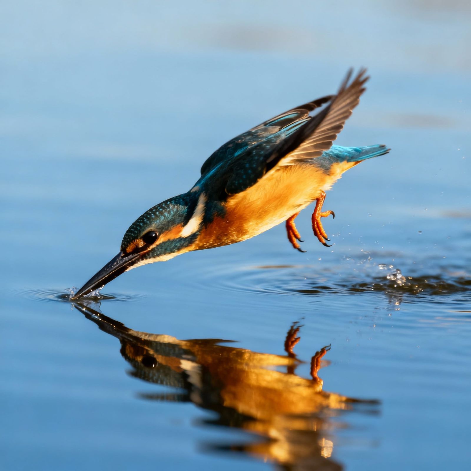 Realistic Kingfisher Glides Over Water at Golden Hour