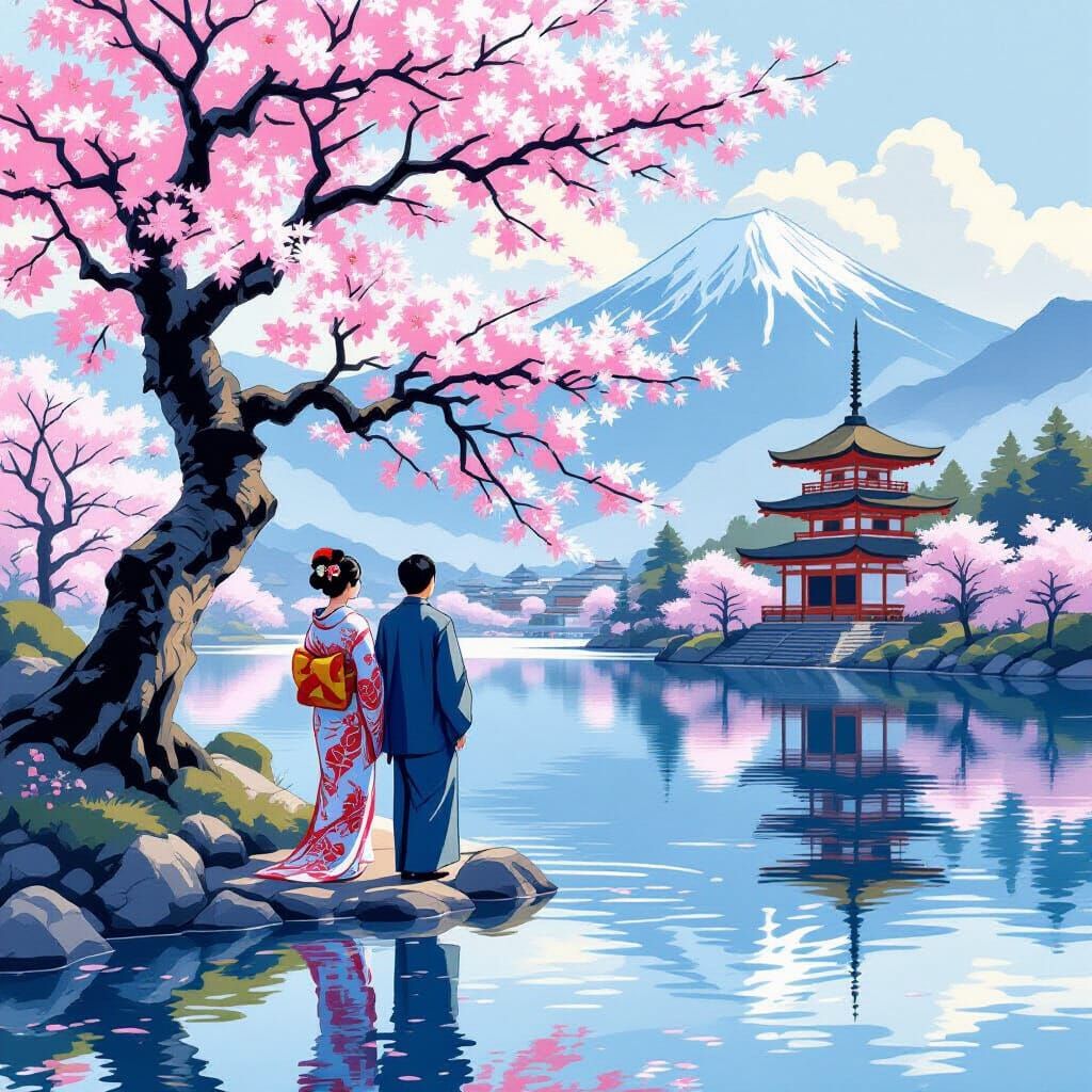 Sakura Tree Scene in Vintage Japanese Art Style