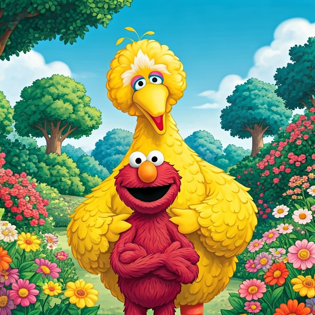 Elmo and Big Bird in Whimsical Children's Illustration Style