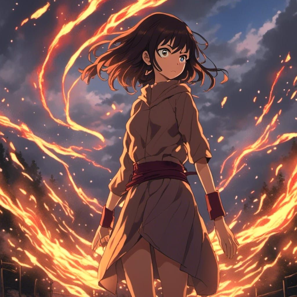 Flame Barbarian Woman in Studio Ghibli Style