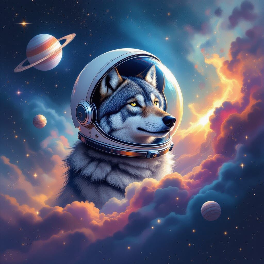 Whimsical Wolf in Space, Double Exposure Style
