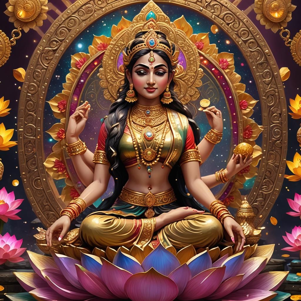 Goddess Lakshmi with Lotus Flower and Golden Coins