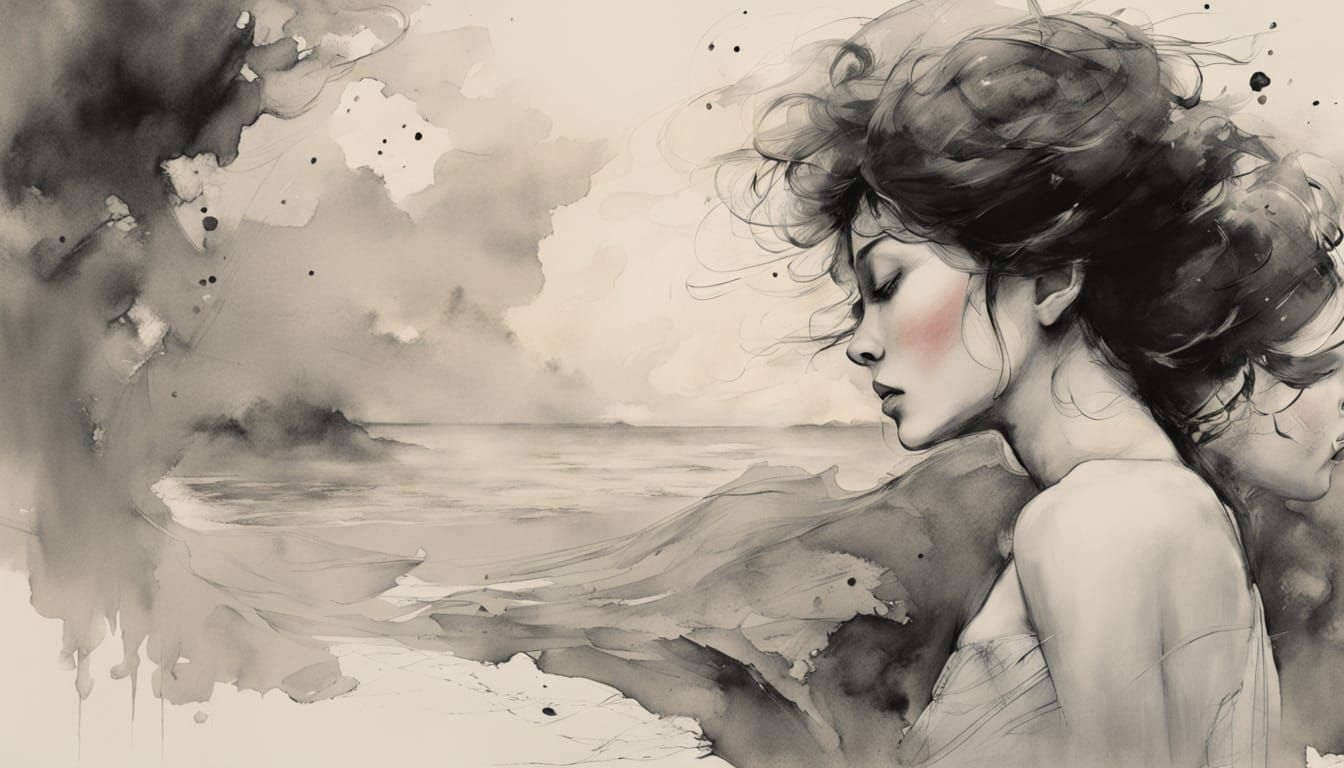 Atmospheric Seascape in Ink Wash Technique