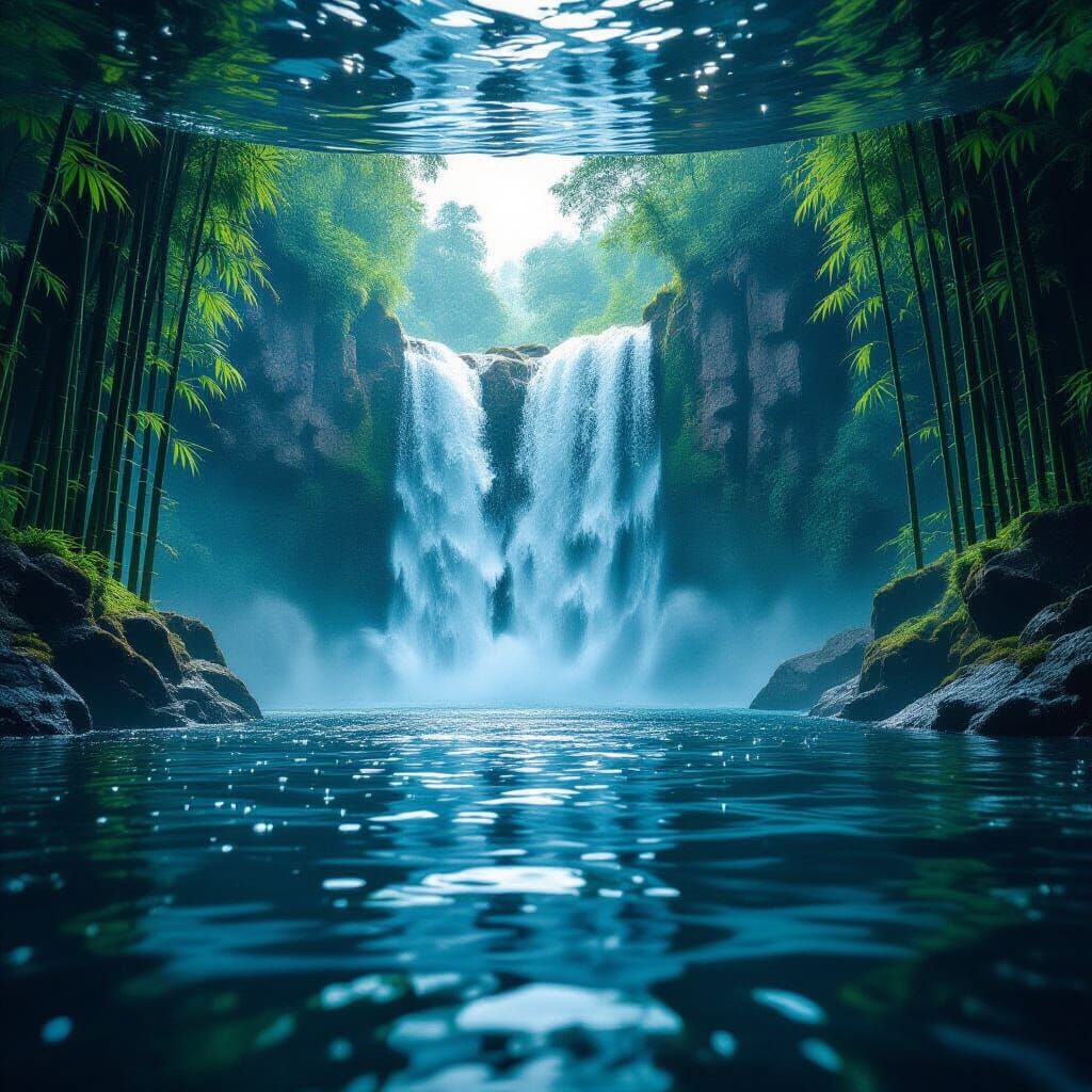 Underwater Waterfall Scene with Bamboo and Volumetric Lighti...