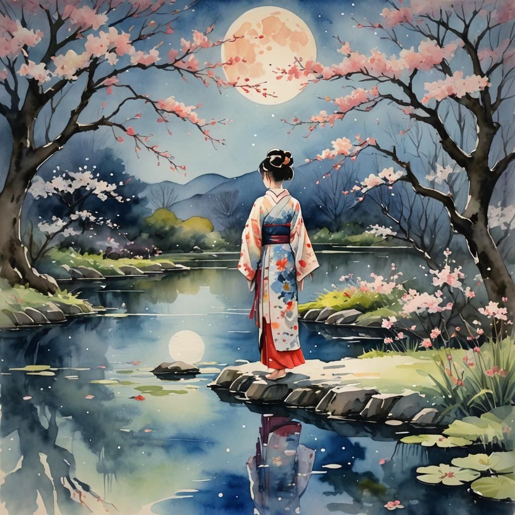 Woman in Kimono by Pond: Watercolor Cherry Blossoms