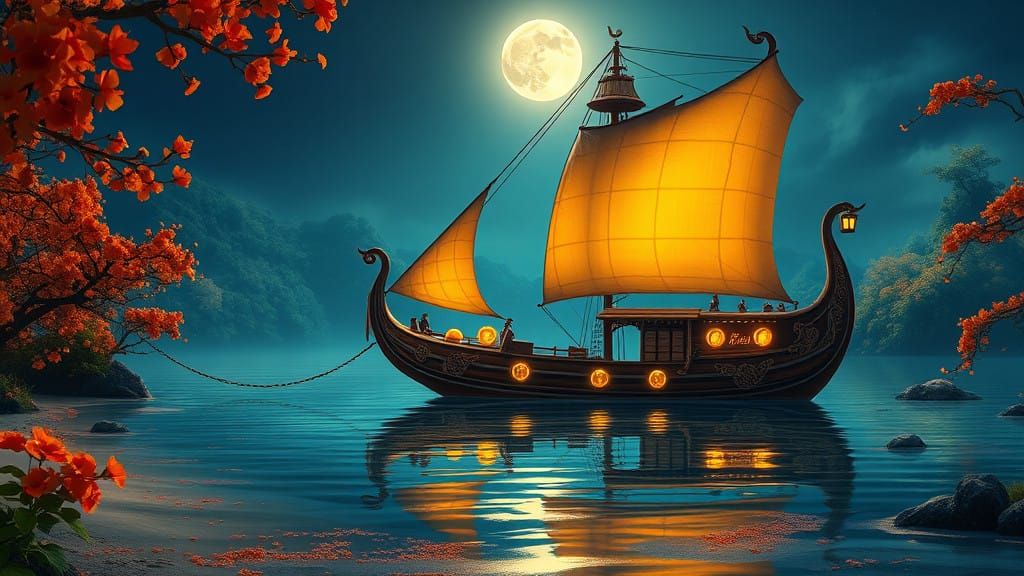 Luminous Lagoon Scene, Fantastical Art Style