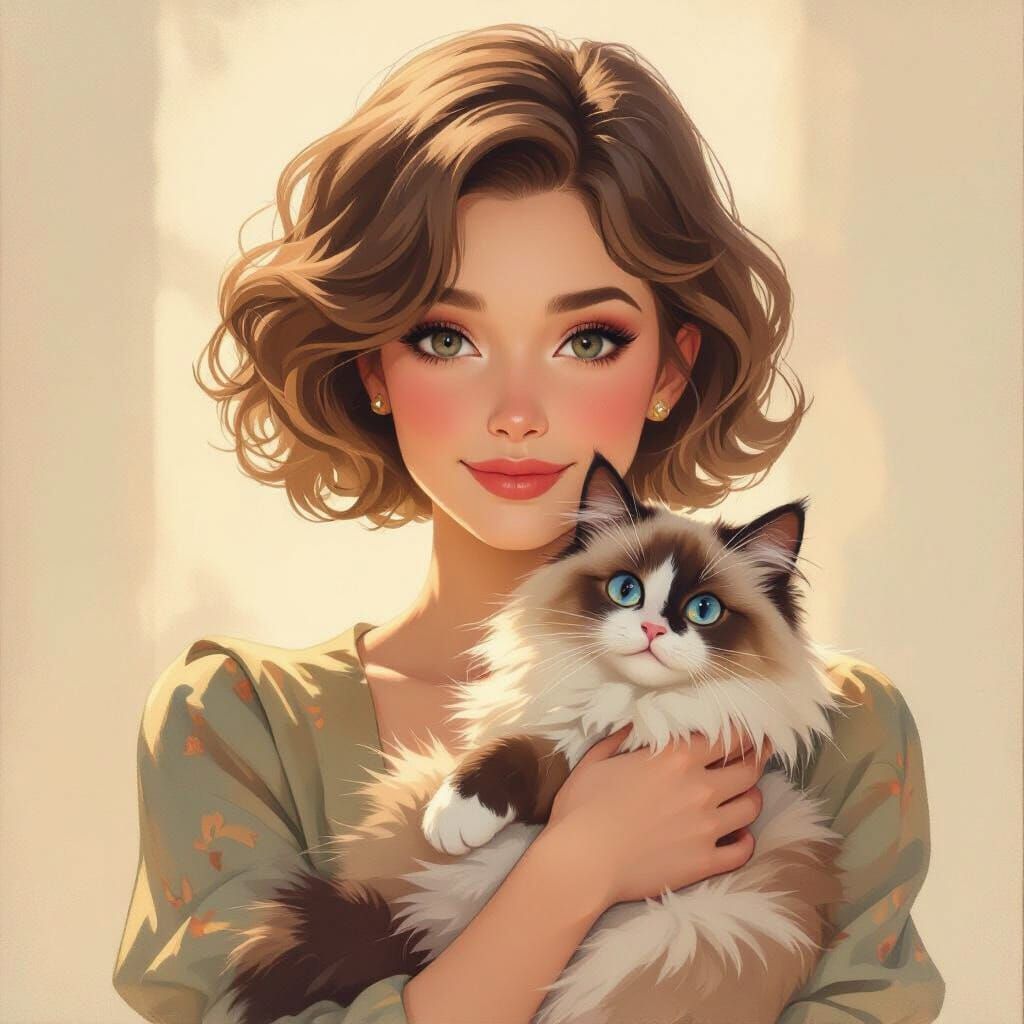 Woman with Split Hair Holding a Ragdoll Cat in Soft Light