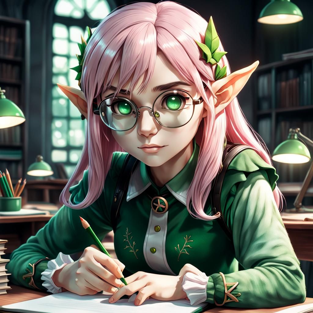 Anime Elf Girl Studying with Pink Hair