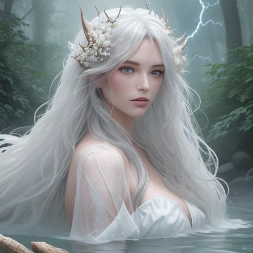 Mystical Forest Creature in Rain Pool, Photorealistic