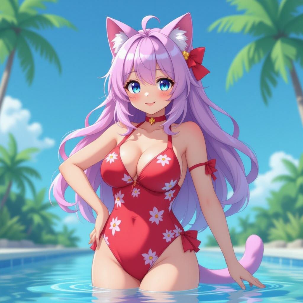 Anime Cat Girl in Love Swimsuit, 3D Render