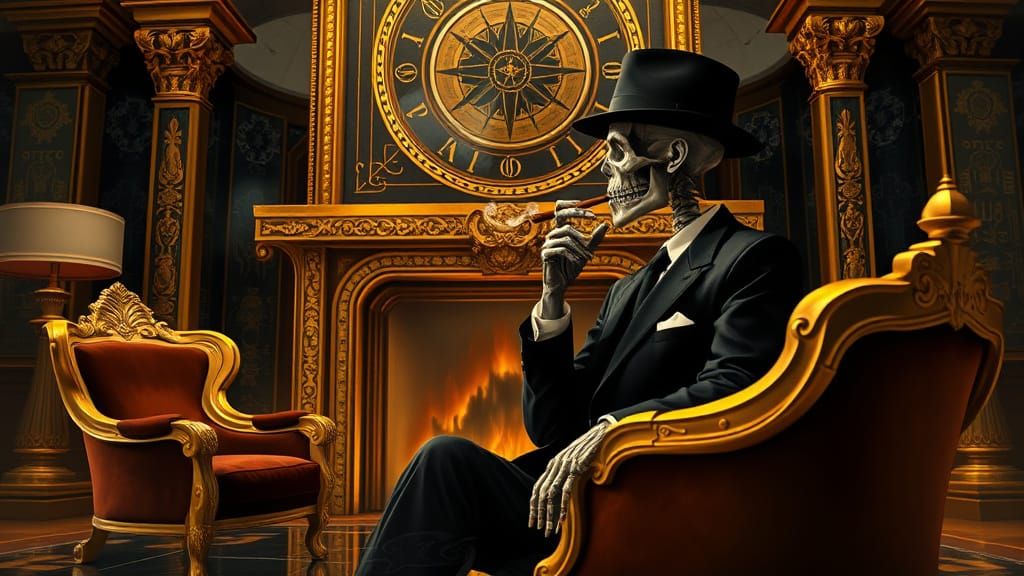Skeletal Man in Fedora Exhales Cigar Smoke in Opulent Egypti...