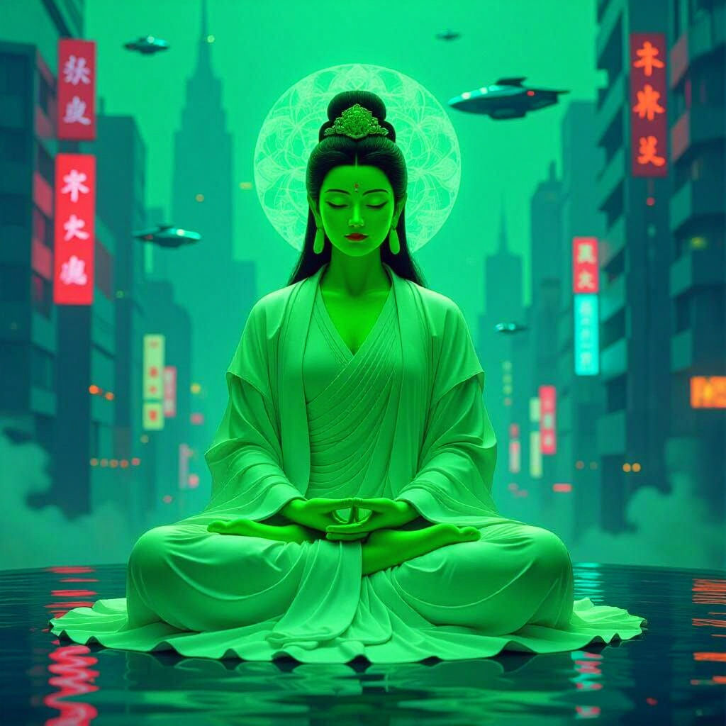 Bodhisattva Meditates in Decadent Art Nouveau Cityscape