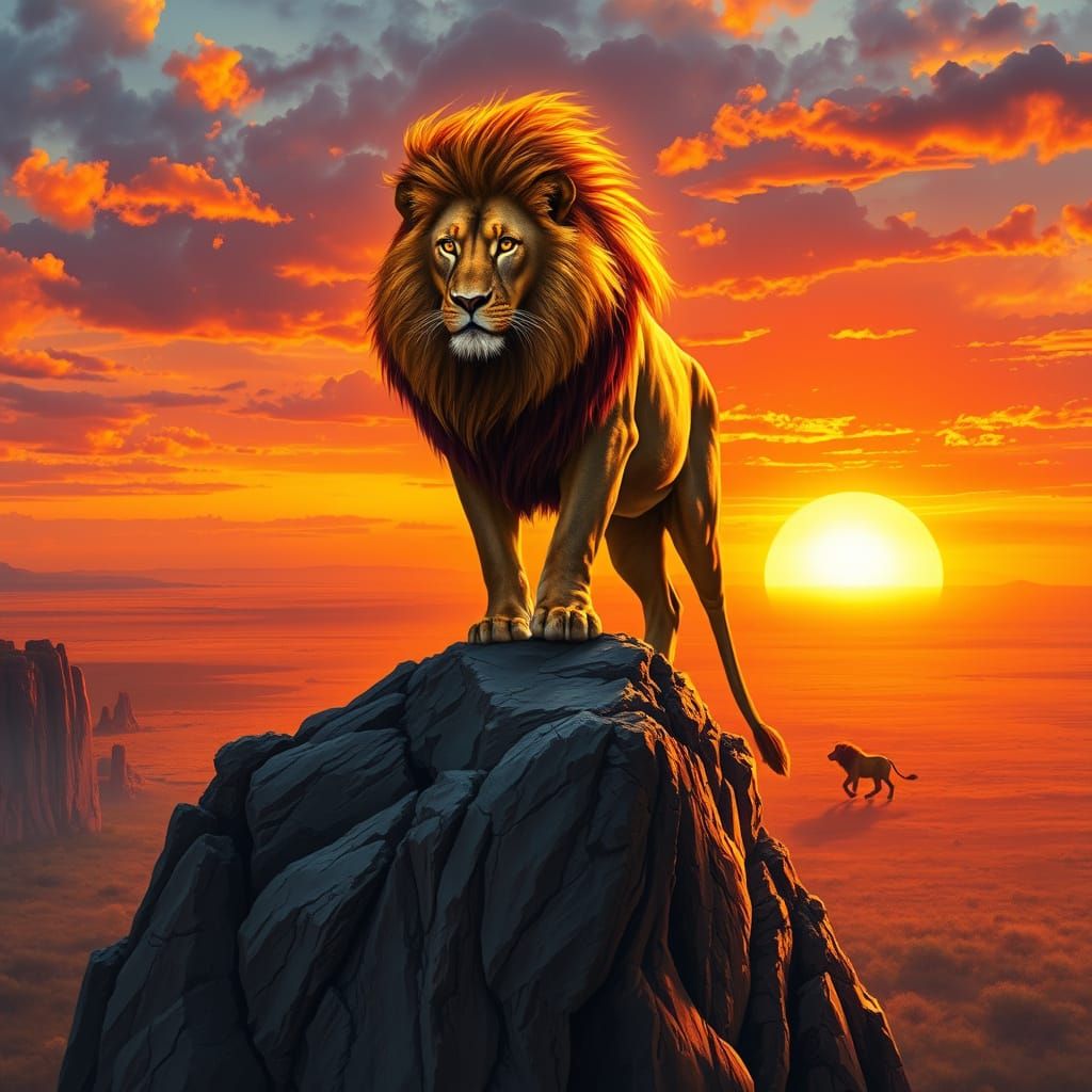Fiery Lion Overlooking Savanna, Dramatic Realism