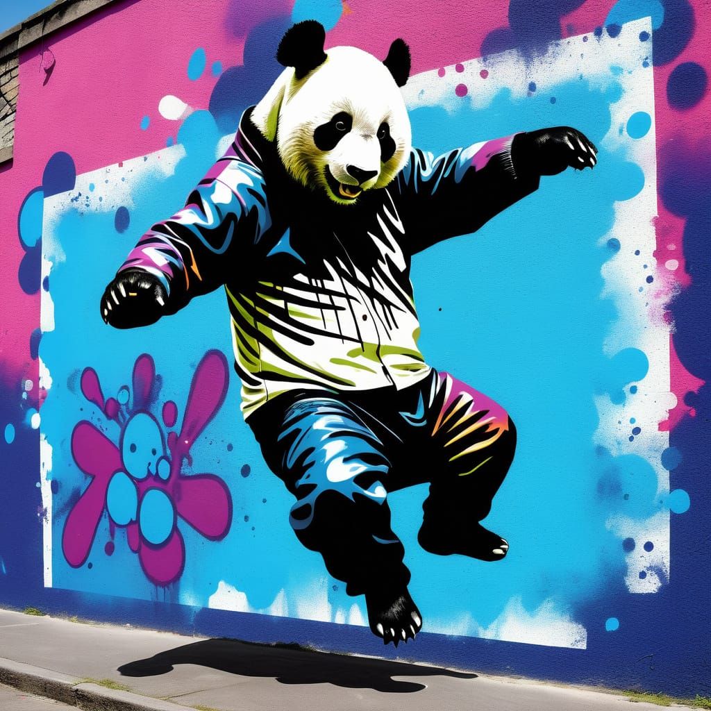 Panda Bear Karate Kick in Graffiti Art Style