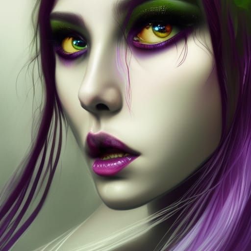 Ethereal gothic nymph with lawn flowing jet black hair& vibrant beautiful green eyes& Beautiful purple eyeshadow& luscio...