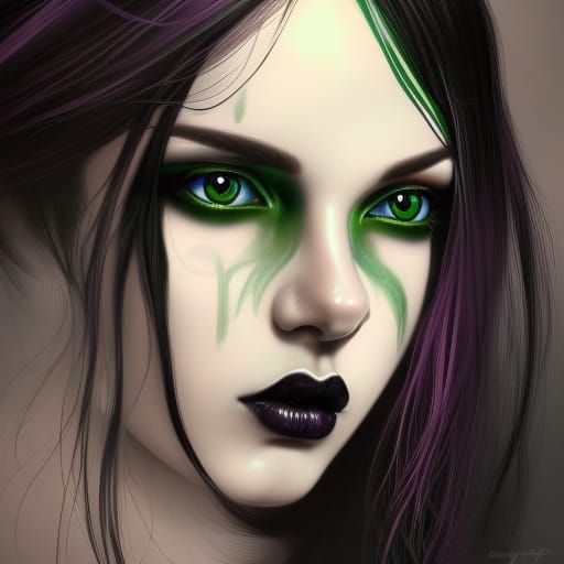 Ethereal gothic nymph with lawn flowing jet black hair& vibrant beautiful green eyes& Beautiful purple eyeshadow& luscio...