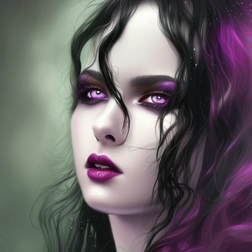 Ethereal gothic nymph with lawn flowing jet black hair& vibrant beautiful green eyes& Beautiful purple eyeshadow& luscio...