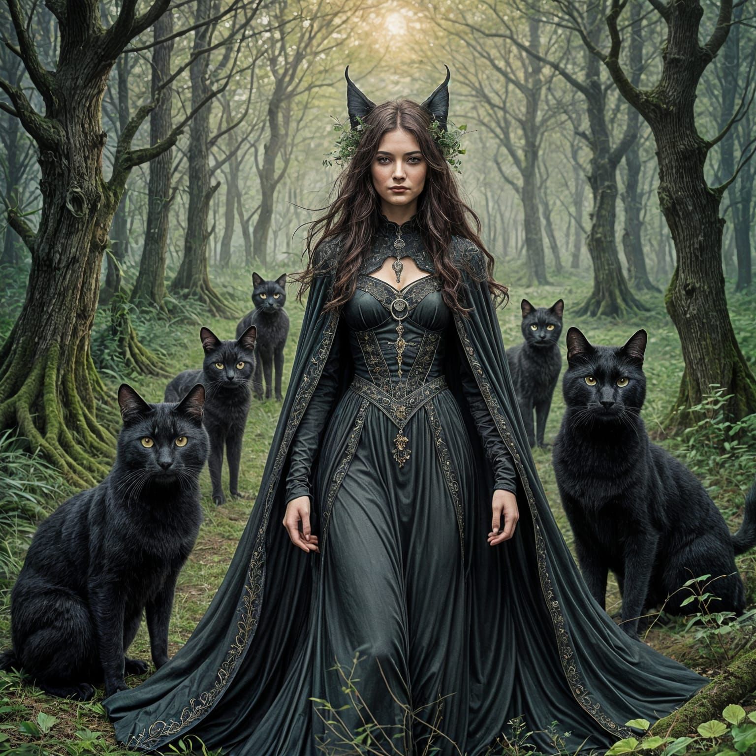 Enchanted Forest Witch with Feline Companions