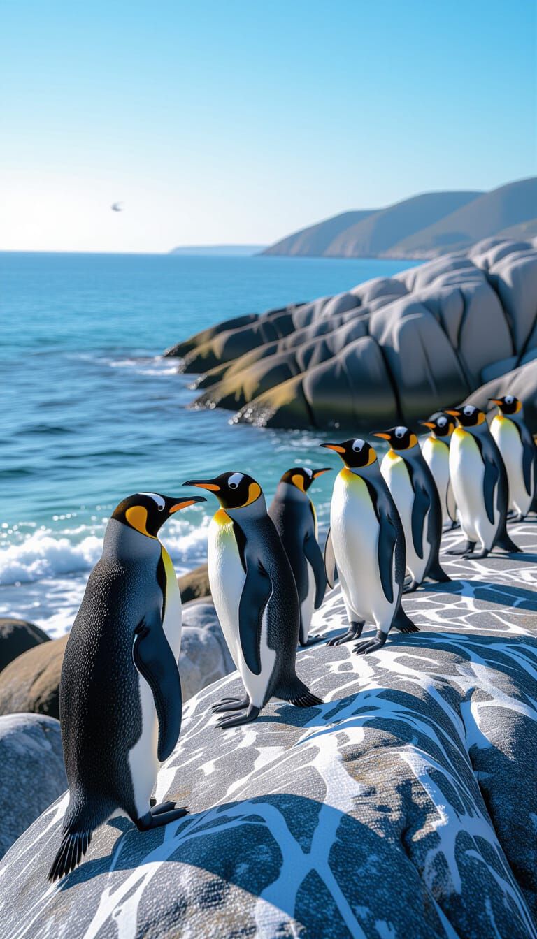 Realistic African Penguins on Coastal Rocks Under Sunny Sky