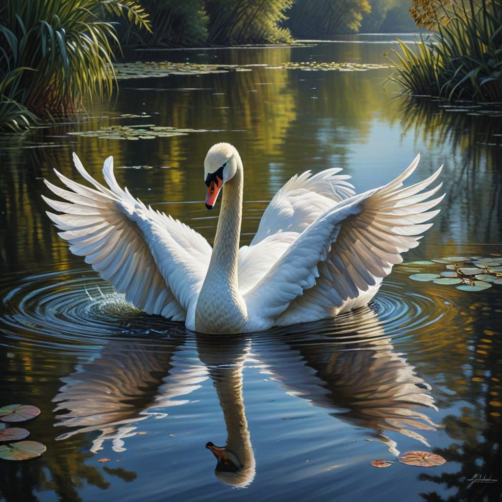 Majestic Swan Gliding on Serene Lake in Oil Painting Style
