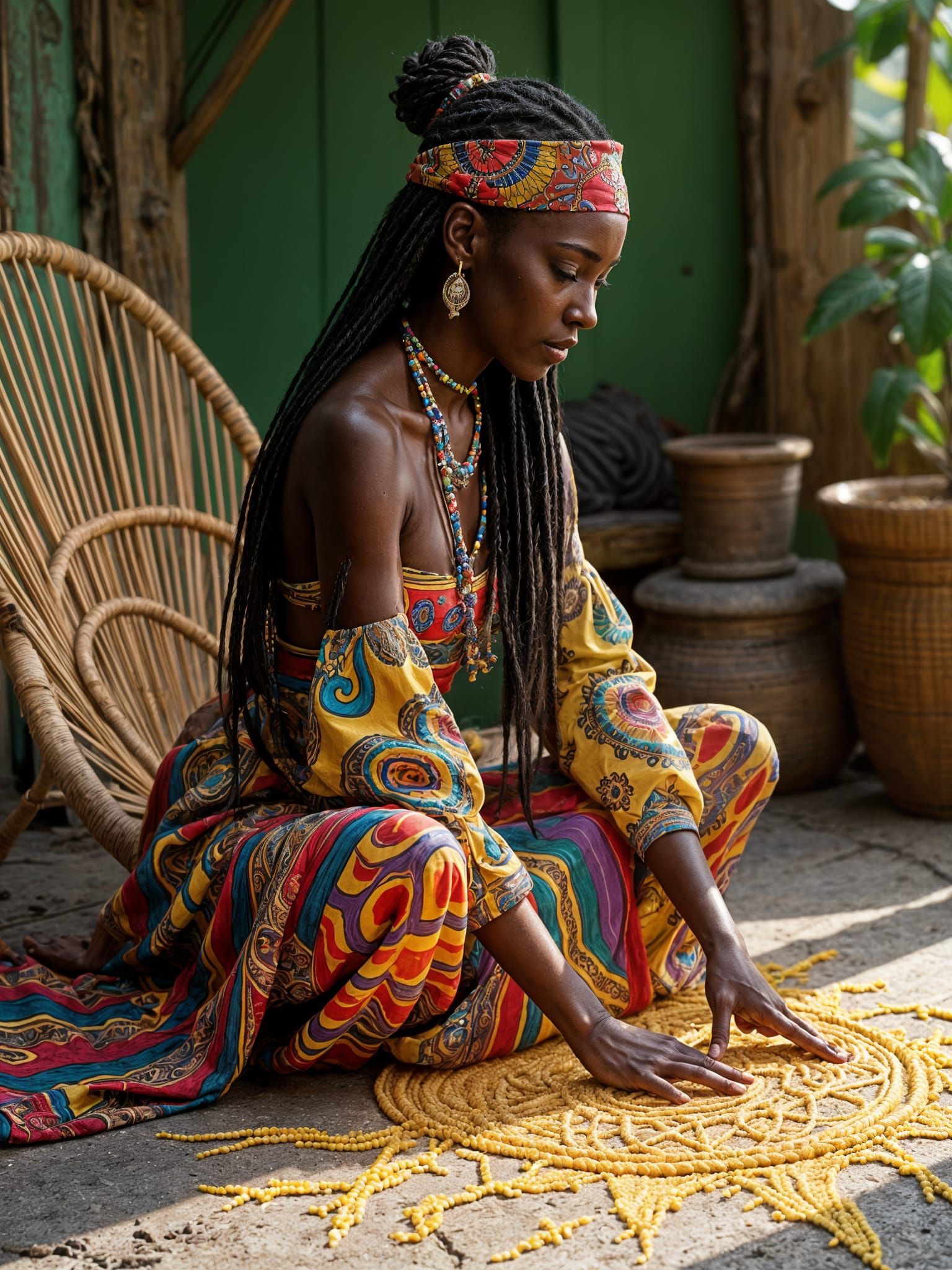 Beautiful Woman Drawing Sacred Geometry in Caribbean Style