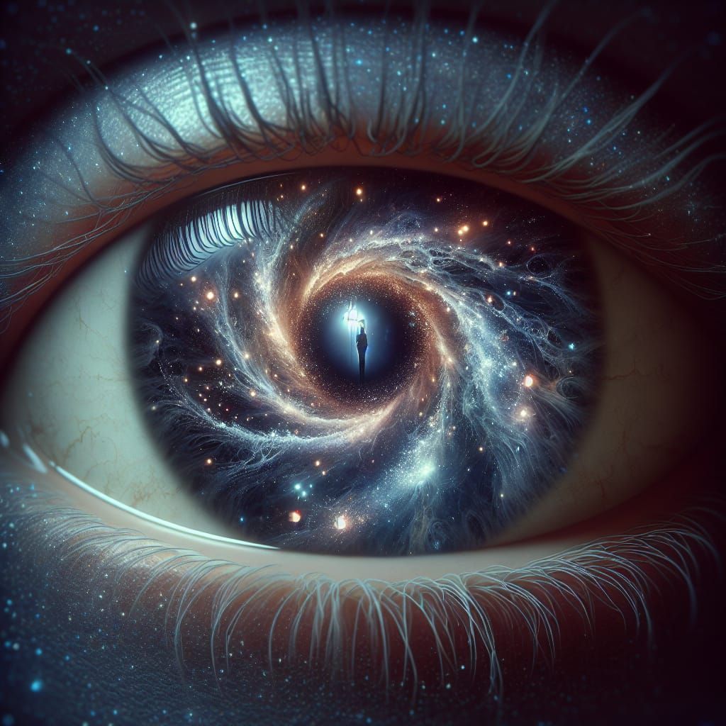 Hyperrealistic Eye Reflecting a Sparkling Universe