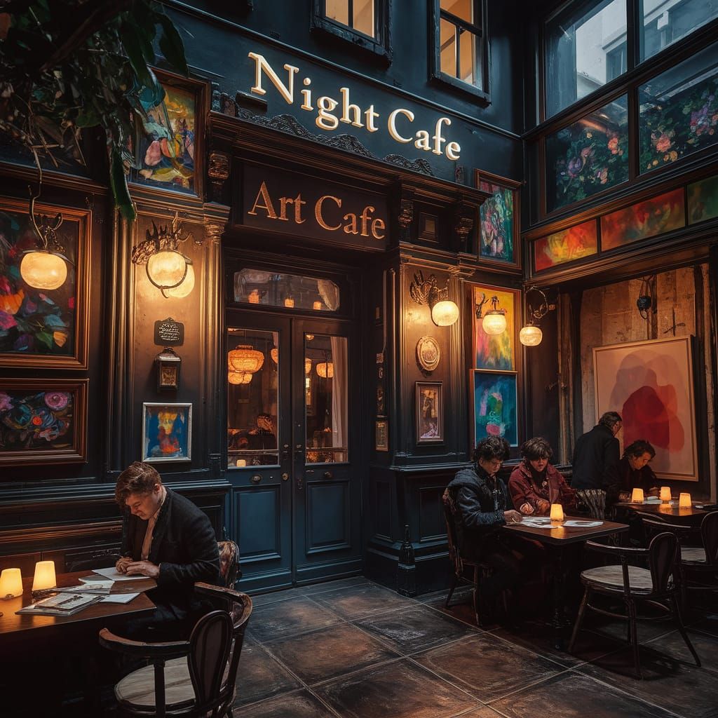 Cozy Art Cafe with Glowing Neon Sign