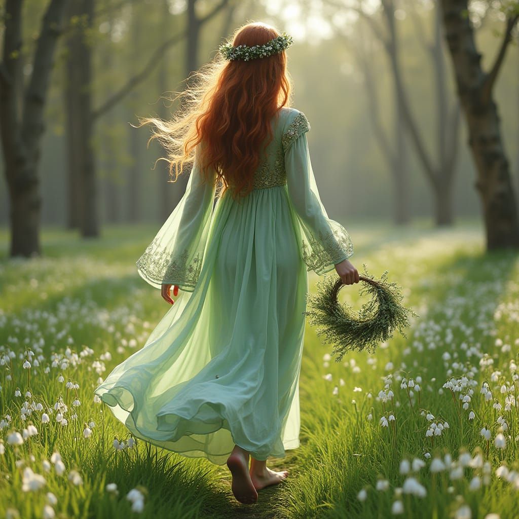 Slavic Goddess Lelya Blooms Spring Meadow at Dawn