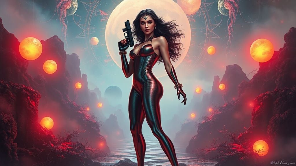 Gun-Toting Temptress in Ethereal Sci-Fi Landscape